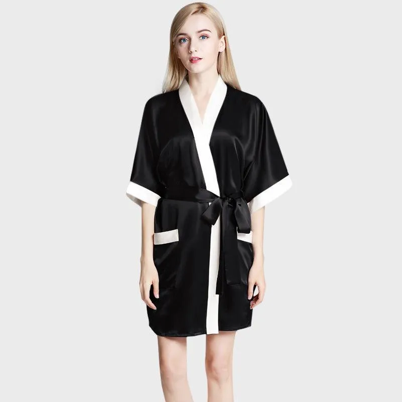 Women's Mulberry Silk Short Robe with Pockets 100% Pure Silk Bathrobe with Belt