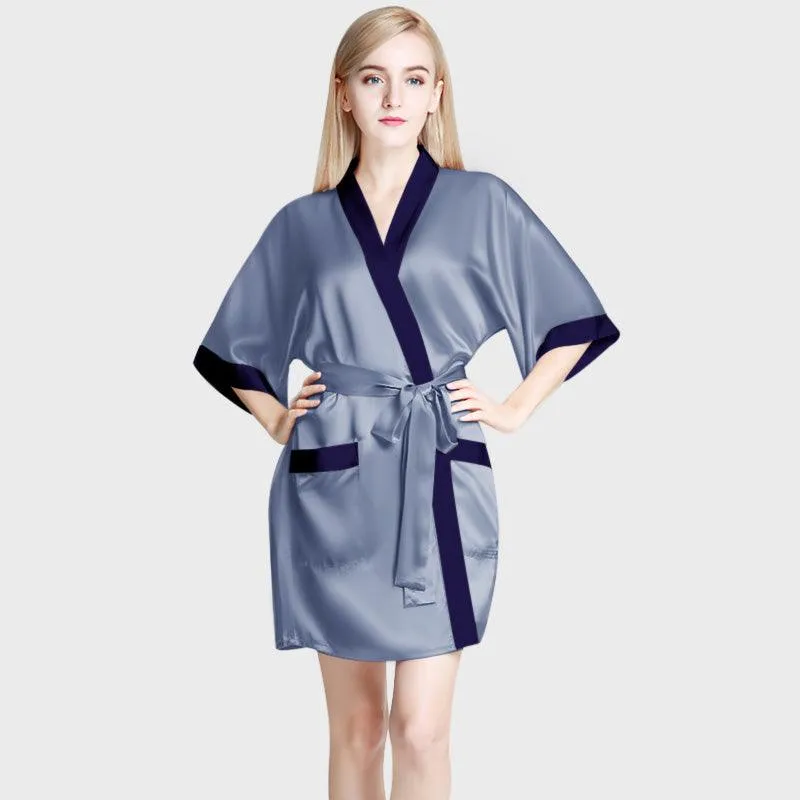 Women's Mulberry Silk Short Robe with Pockets 100% Pure Silk Bathrobe with Belt