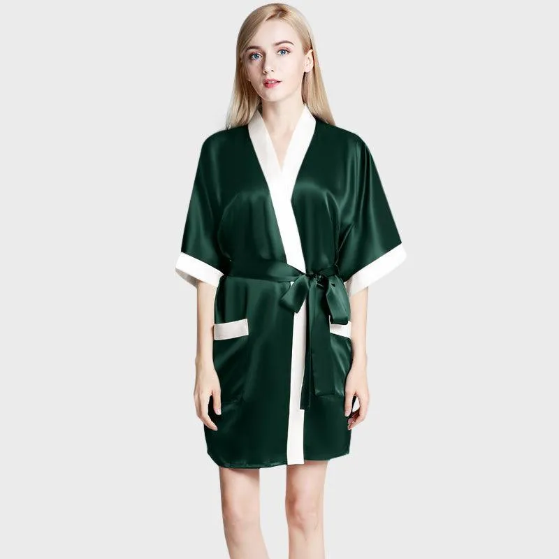 Women's Mulberry Silk Short Robe with Pockets 100% Pure Silk Bathrobe with Belt