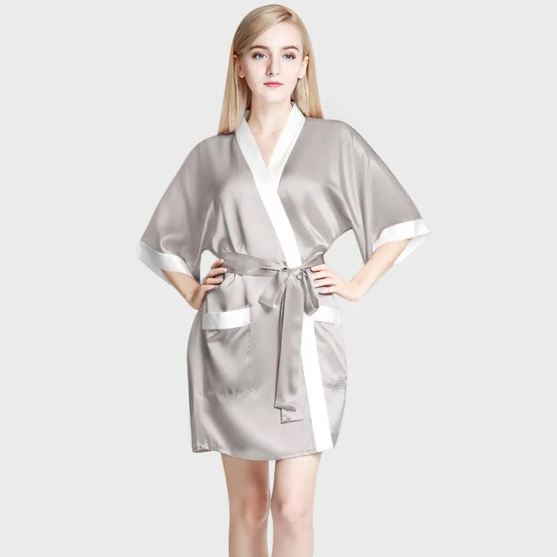 Women's Mulberry Silk Short Robe with Pockets 100% Pure Silk Bathrobe with Belt