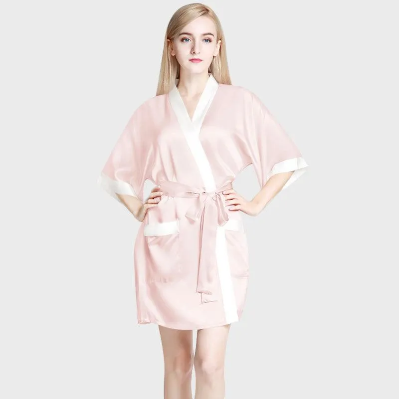 Women's Mulberry Silk Short Robe with Pockets 100% Pure Silk Bathrobe with Belt