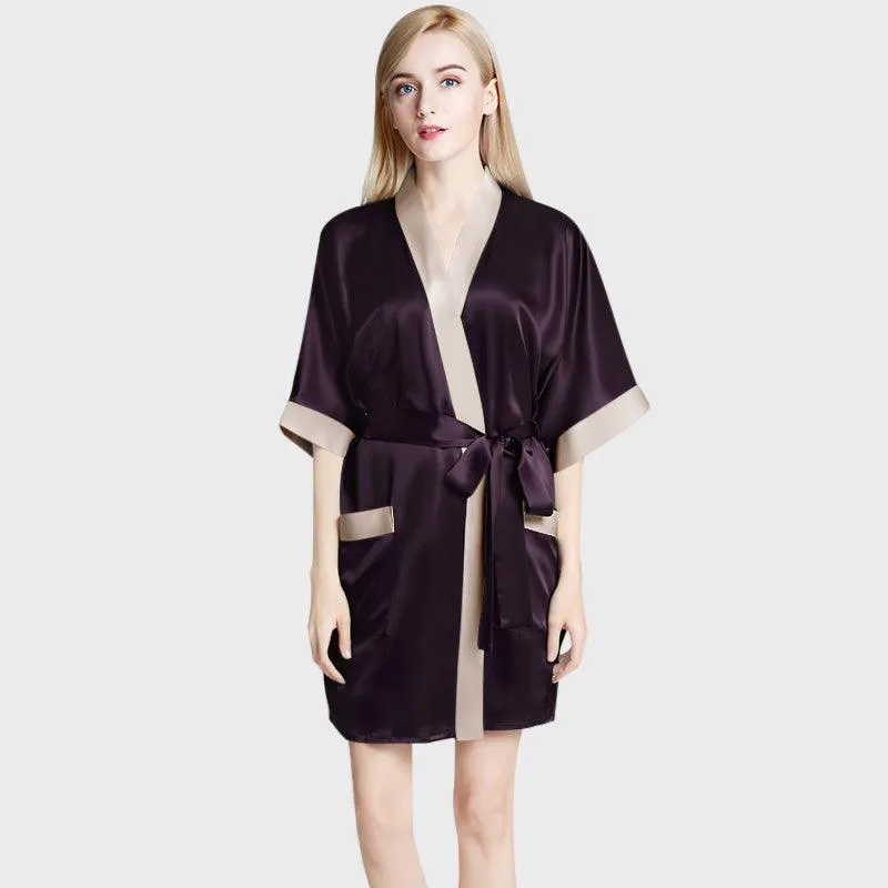 Women's Mulberry Silk Short Robe with Pockets 100% Pure Silk Bathrobe with Belt