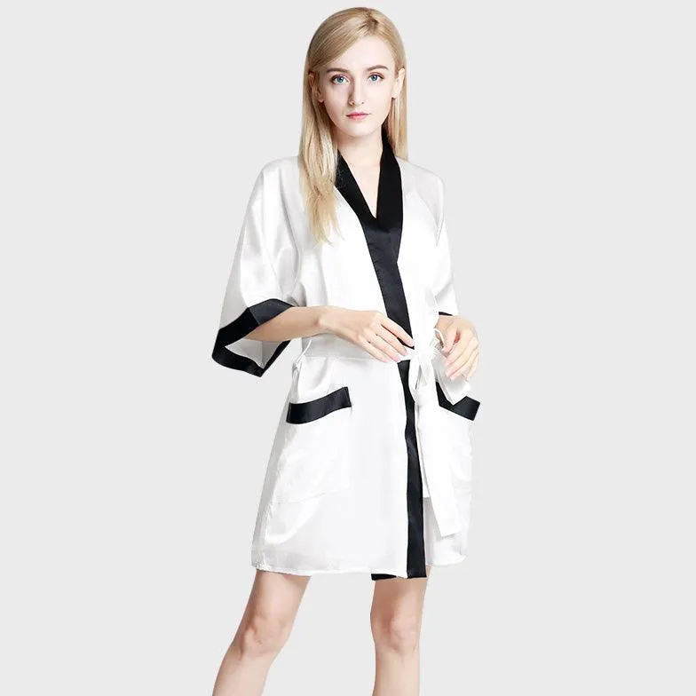 Women's Mulberry Silk Short Robe with Pockets 100% Pure Silk Bathrobe with Belt