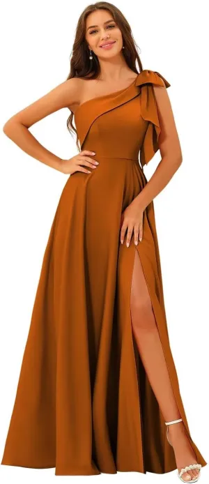Women's One Shoulder Bridesmaid Dresses with Bow Long Prom Dress with Slit Satin Formal Dresses RA026