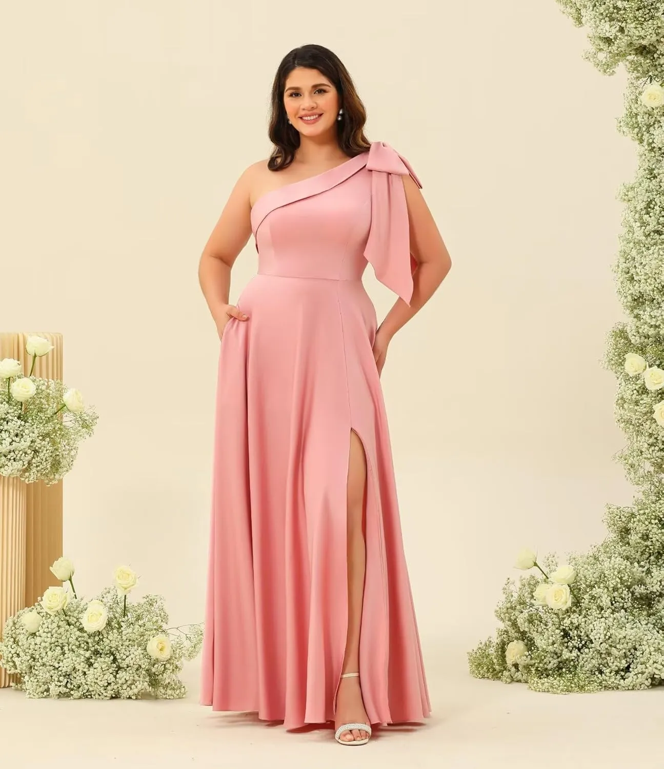 Women's One Shoulder Bridesmaid Dresses with Bow Long Prom Dress with Slit Satin Formal Dresses RA026