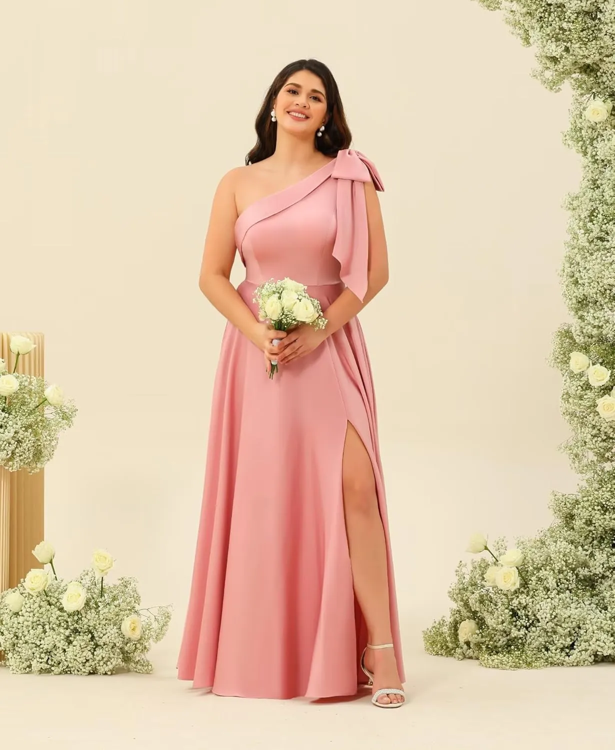 Women's One Shoulder Bridesmaid Dresses with Bow Long Prom Dress with Slit Satin Formal Dresses RA026