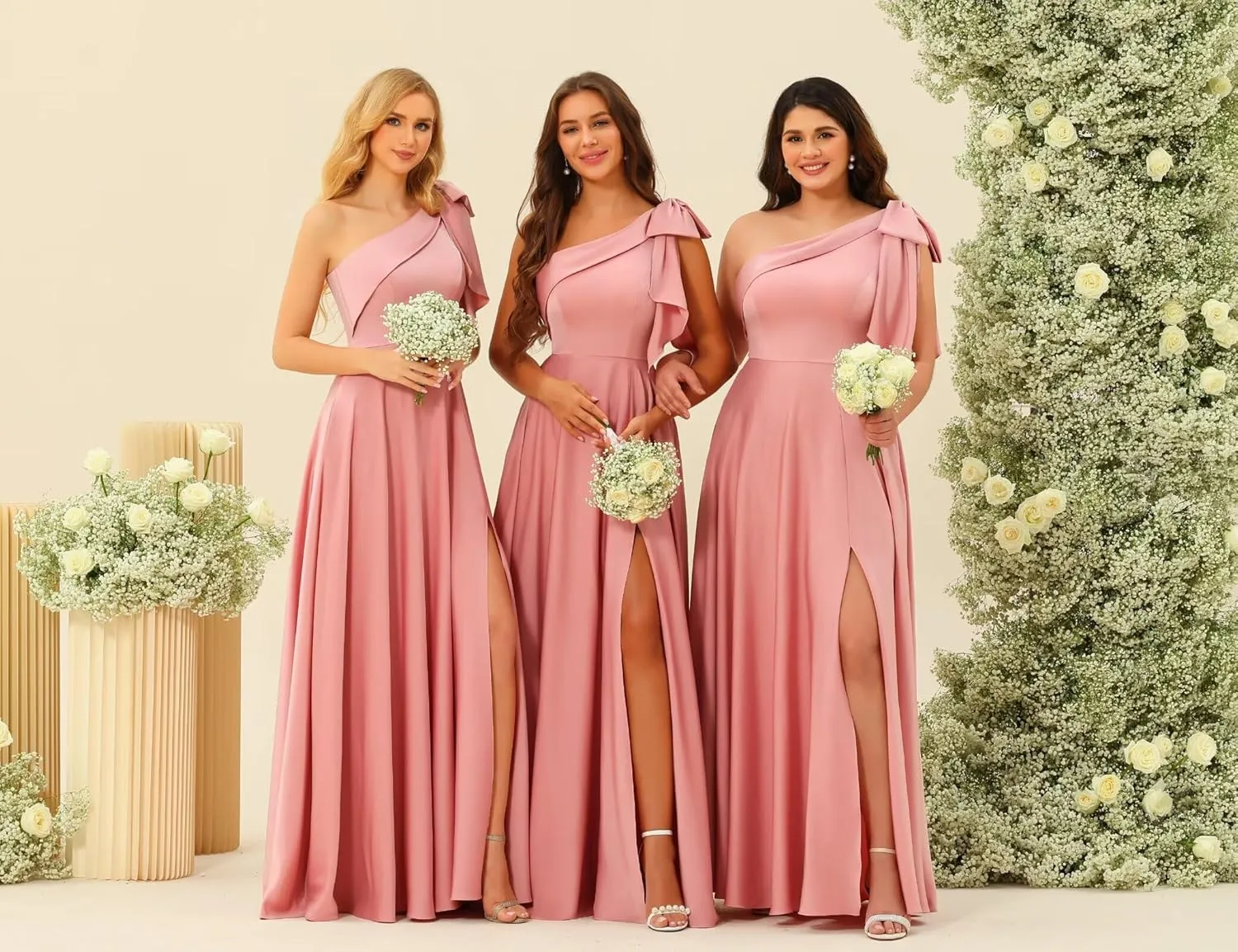 Women's One Shoulder Bridesmaid Dresses with Bow Long Prom Dress with Slit Satin Formal Dresses RA026