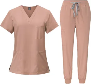 Women's V-Neck Stretch Fit Scrub Top & Jogger Scrubs Pants Multi Pocket Medical Nurse Uniforms Set