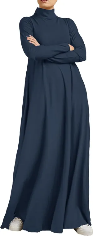 WSPLYSPJY Women Girls High Neck Long Sleeve Abaya Muslim Dress Solid Color Prayer Clothes Islamic Robe