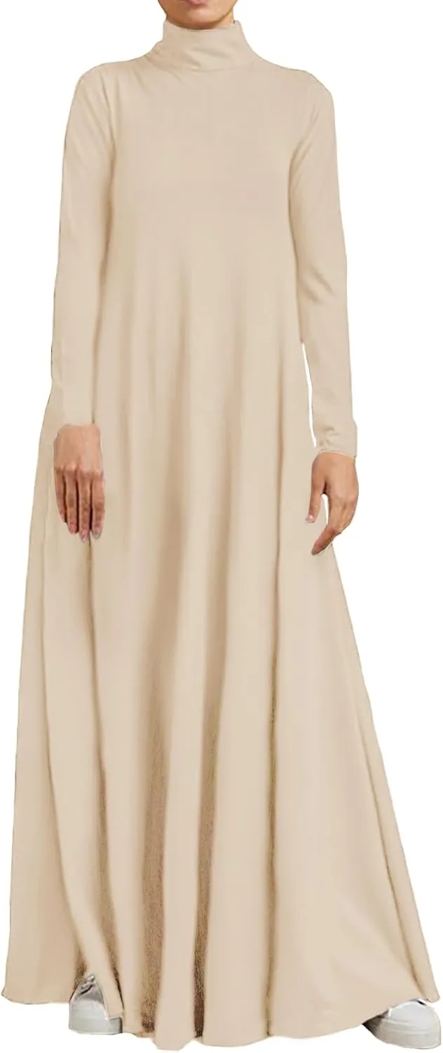 WSPLYSPJY Women Girls High Neck Long Sleeve Abaya Muslim Dress Solid Color Prayer Clothes Islamic Robe