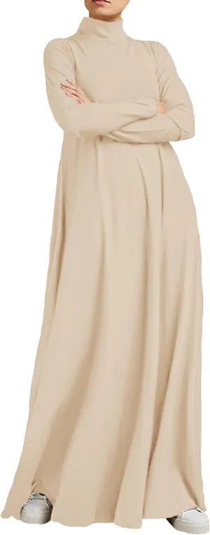WSPLYSPJY Women Girls High Neck Long Sleeve Abaya Muslim Dress Solid Color Prayer Clothes Islamic Robe