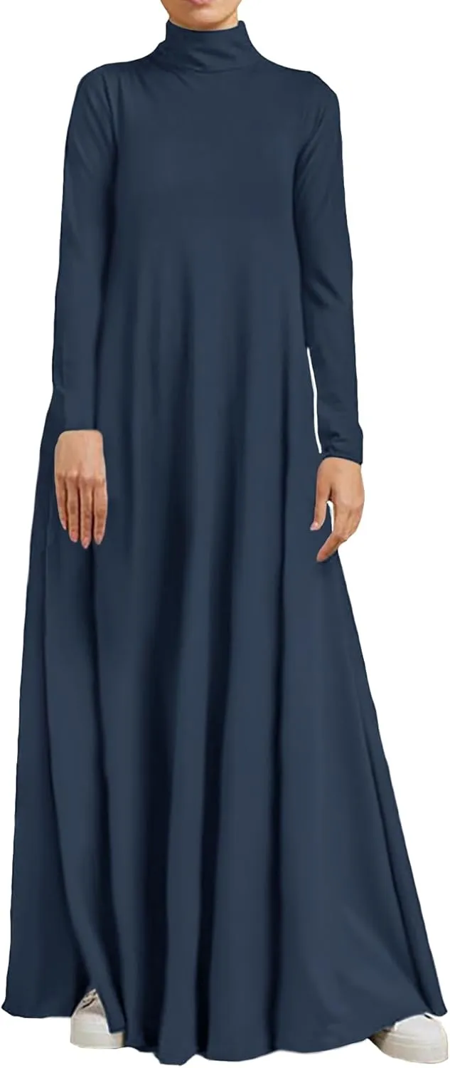 WSPLYSPJY Women Girls High Neck Long Sleeve Abaya Muslim Dress Solid Color Prayer Clothes Islamic Robe