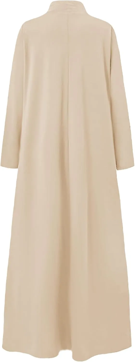WSPLYSPJY Women Girls High Neck Long Sleeve Abaya Muslim Dress Solid Color Prayer Clothes Islamic Robe