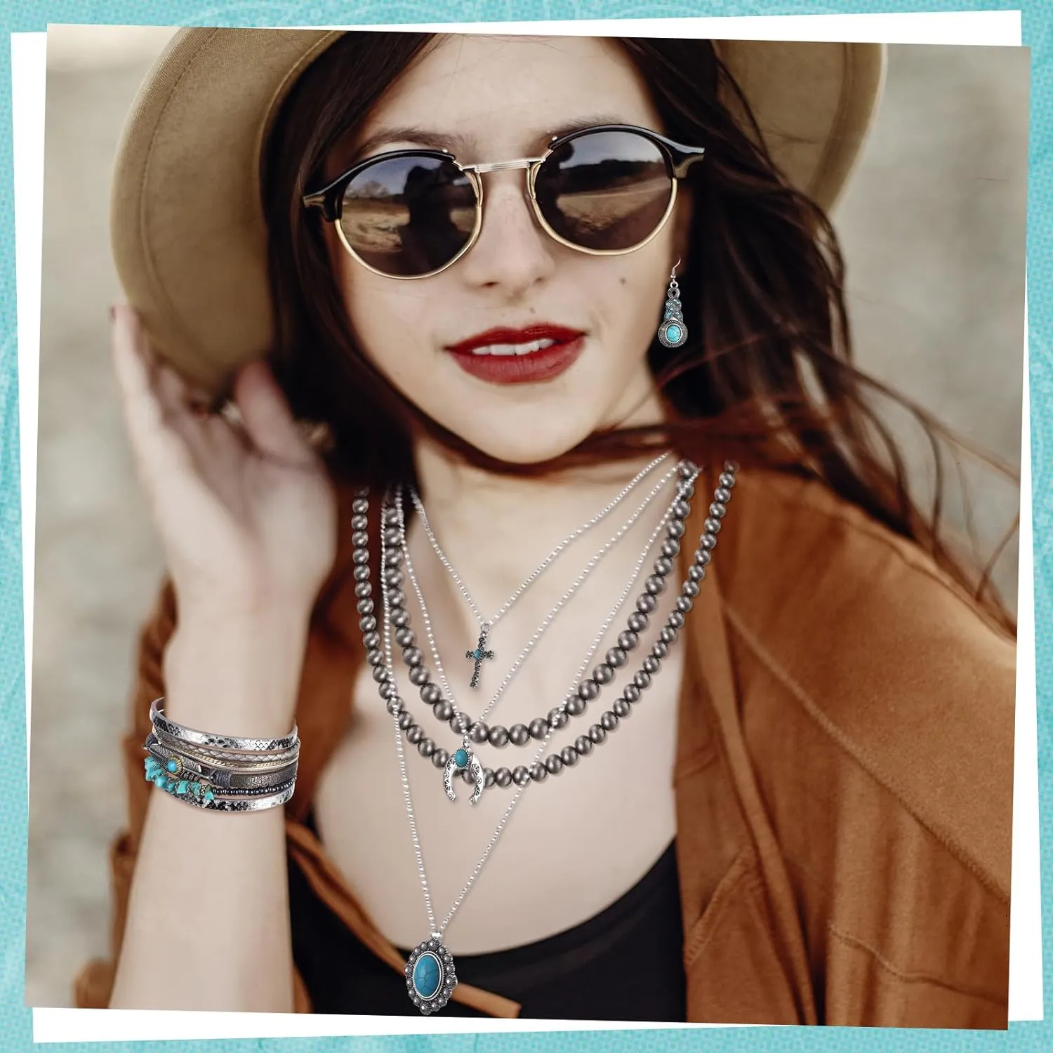 Yaomiao Western Jewelry for Women Bohemian Turquoise Jewelry Set Pendant Necklace Earrings Pearl Necklace Beaded Choker Faux Leather Cuff Bracelet Knuckle Rings