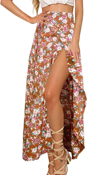 Yonala Womens Boho Floral Tie Up Waist Summer Beach Wrap Cover Up Maxi Skirt