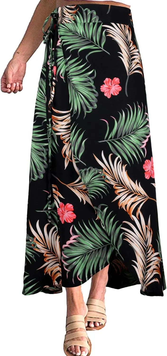 Yonala Womens Boho Floral Tie Up Waist Summer Beach Wrap Cover Up Maxi Skirt