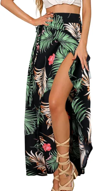 Yonala Womens Boho Floral Tie Up Waist Summer Beach Wrap Cover Up Maxi Skirt