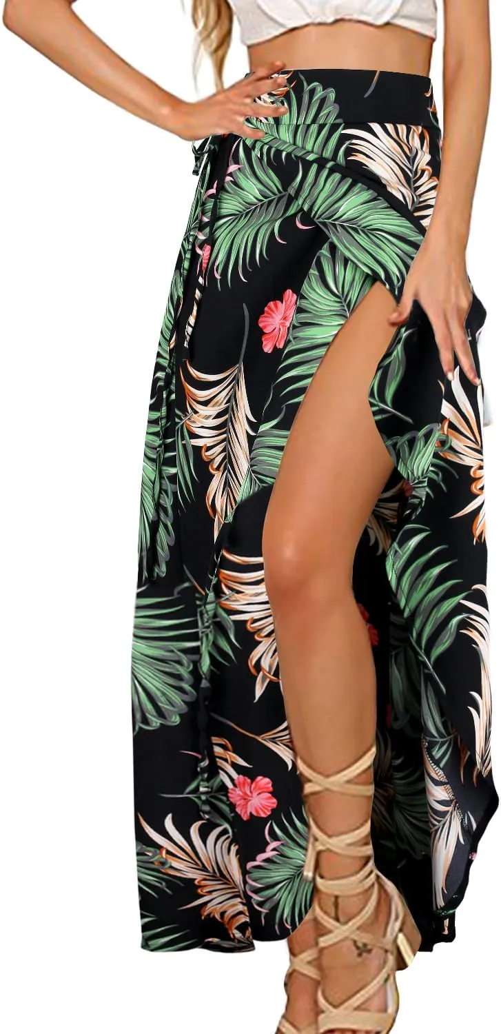Yonala Womens Boho Floral Tie Up Waist Summer Beach Wrap Cover Up Maxi Skirt