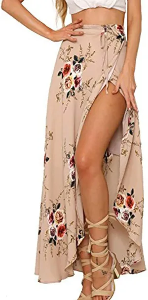 Yonala Womens Boho Floral Tie Up Waist Summer Beach Wrap Cover Up Maxi Skirt