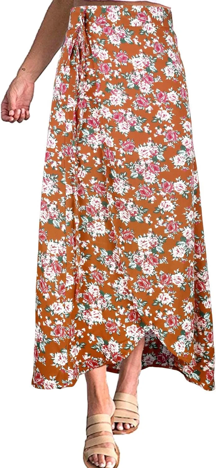 Yonala Womens Boho Floral Tie Up Waist Summer Beach Wrap Cover Up Maxi Skirt