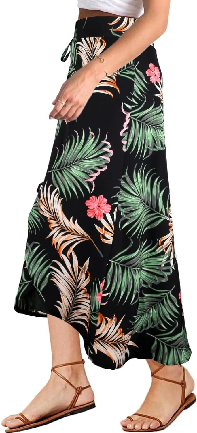 Yonala Womens Boho Floral Tie Up Waist Summer Beach Wrap Cover Up Maxi Skirt