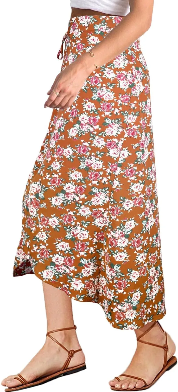 Yonala Womens Boho Floral Tie Up Waist Summer Beach Wrap Cover Up Maxi Skirt