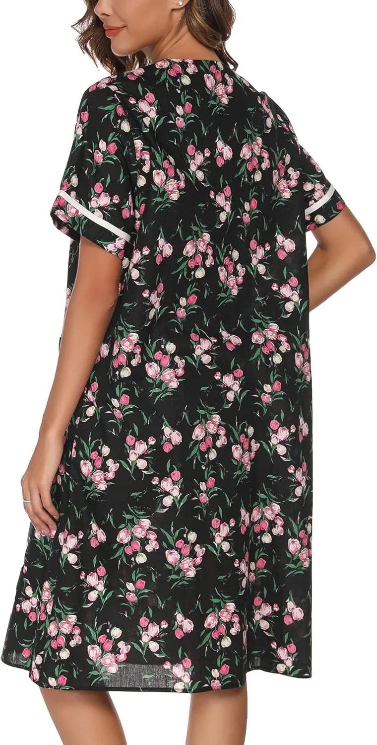 YOZLY House Dress Womens Embroidered Housecoat Short Sleeve Duster Robe with Front Pockets S-3XL