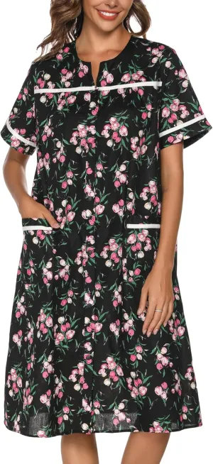 YOZLY House Dress Womens Embroidered Housecoat Short Sleeve Duster Robe with Front Pockets S-3XL