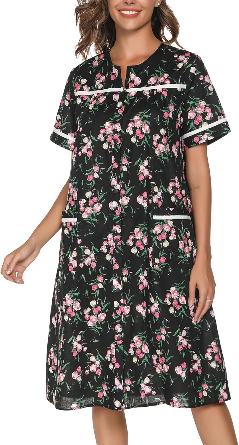 YOZLY House Dress Womens Embroidered Housecoat Short Sleeve Duster Robe with Front Pockets S-3XL