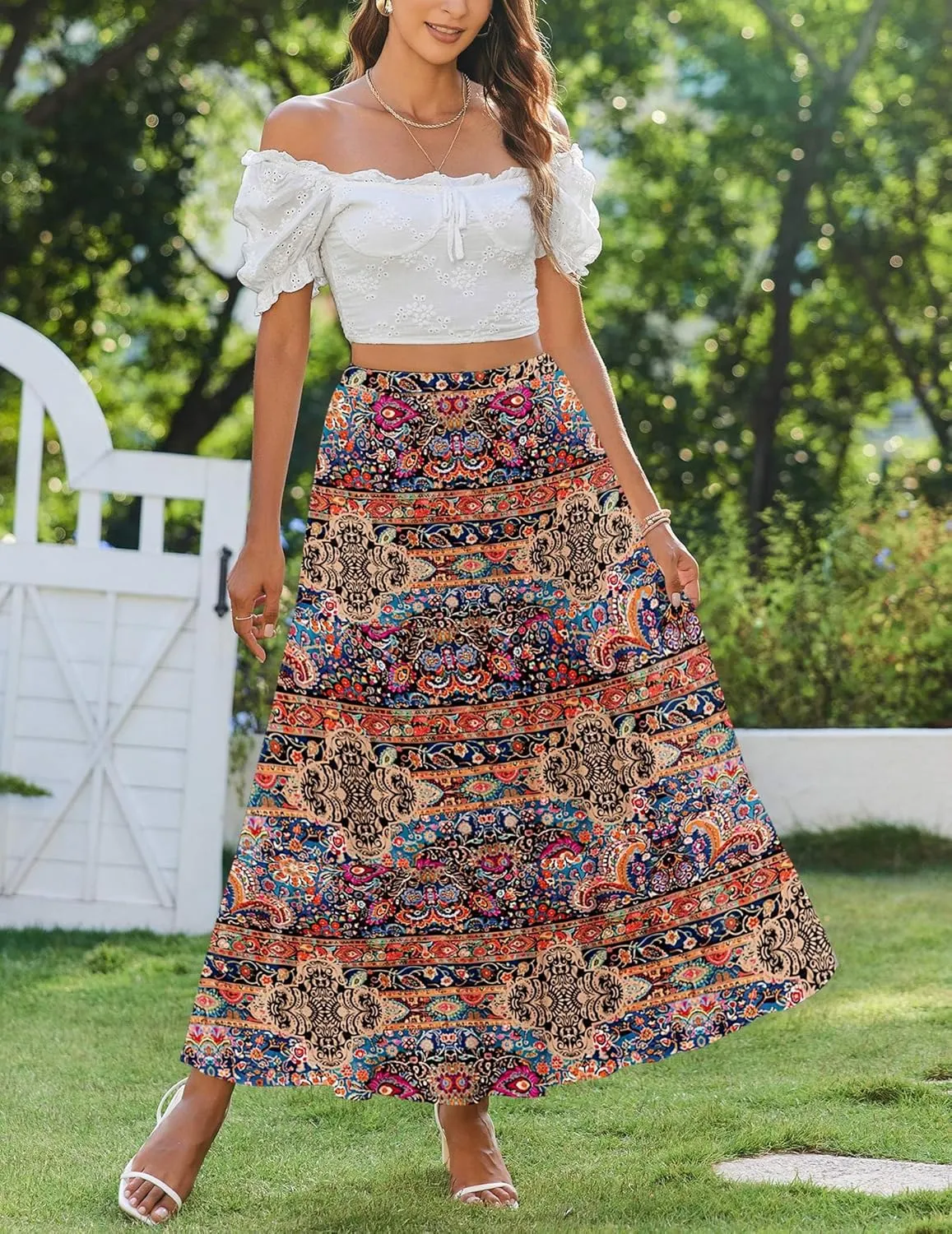 Zeagoo Skirts for Women Summer Boho Casual Maxi Flowy Elastic High Waist A-Line Tiered Swing Floral Long Skirts with Pockets