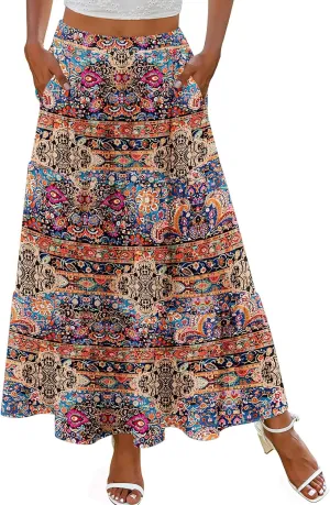 Zeagoo Skirts for Women Summer Boho Casual Maxi Flowy Elastic High Waist A-Line Tiered Swing Floral Long Skirts with Pockets