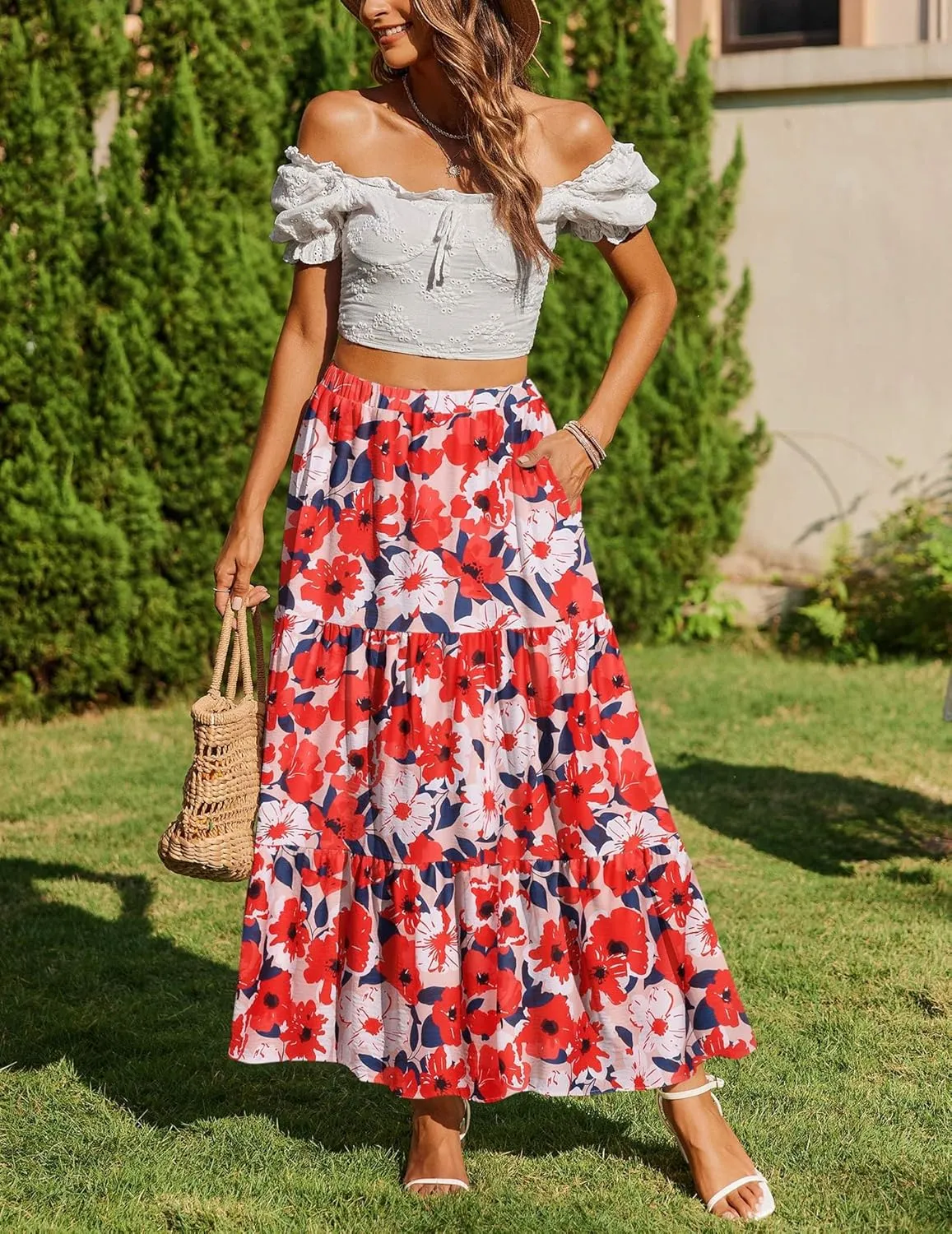 Zeagoo Skirts for Women Summer Boho Casual Maxi Flowy Elastic High Waist A-Line Tiered Swing Floral Long Skirts with Pockets