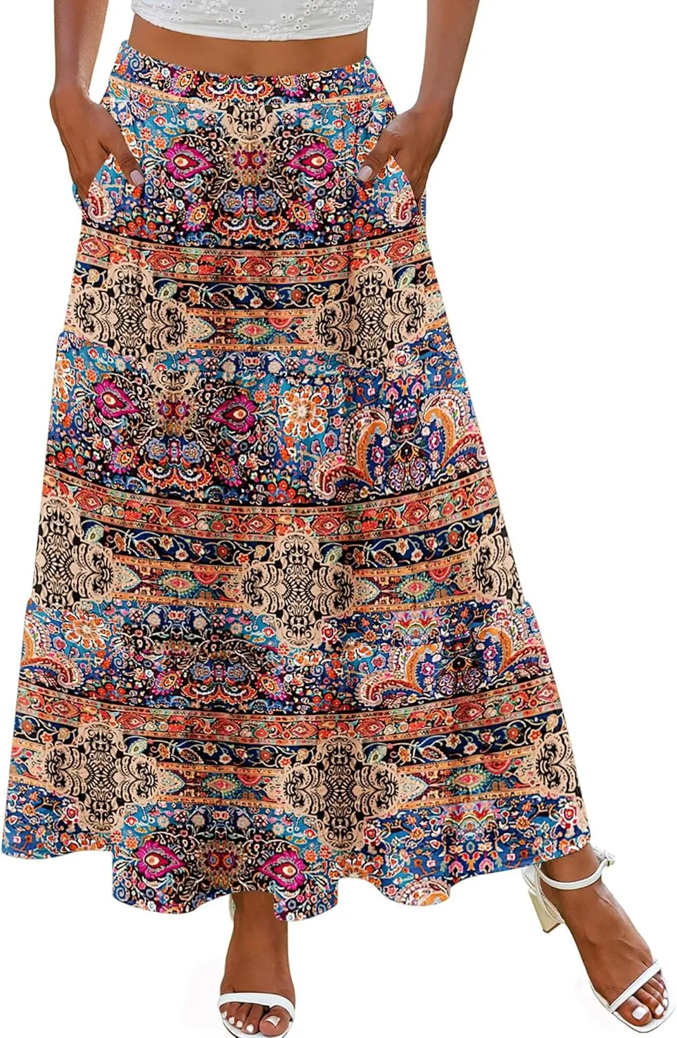 Zeagoo Skirts for Women Summer Boho Casual Maxi Flowy Elastic High Waist A-Line Tiered Swing Floral Long Skirts with Pockets