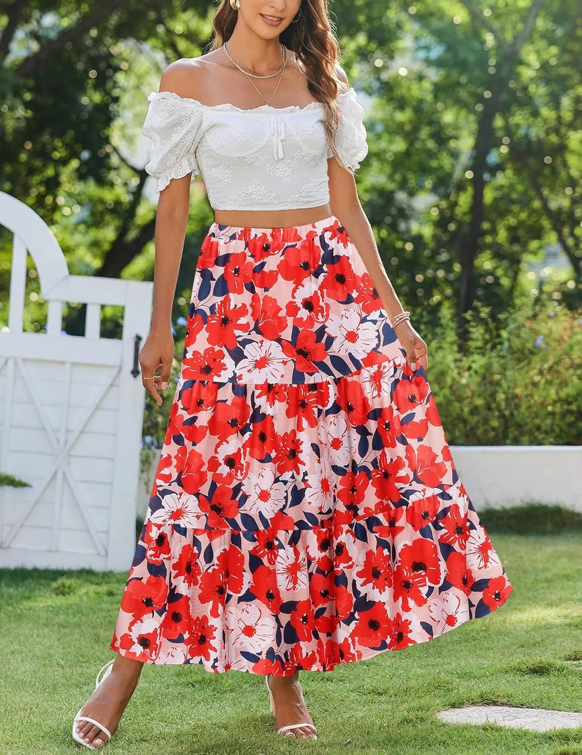 Zeagoo Skirts for Women Summer Boho Casual Maxi Flowy Elastic High Waist A-Line Tiered Swing Floral Long Skirts with Pockets