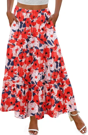Zeagoo Skirts for Women Summer Boho Casual Maxi Flowy Elastic High Waist A-Line Tiered Swing Floral Long Skirts with Pockets