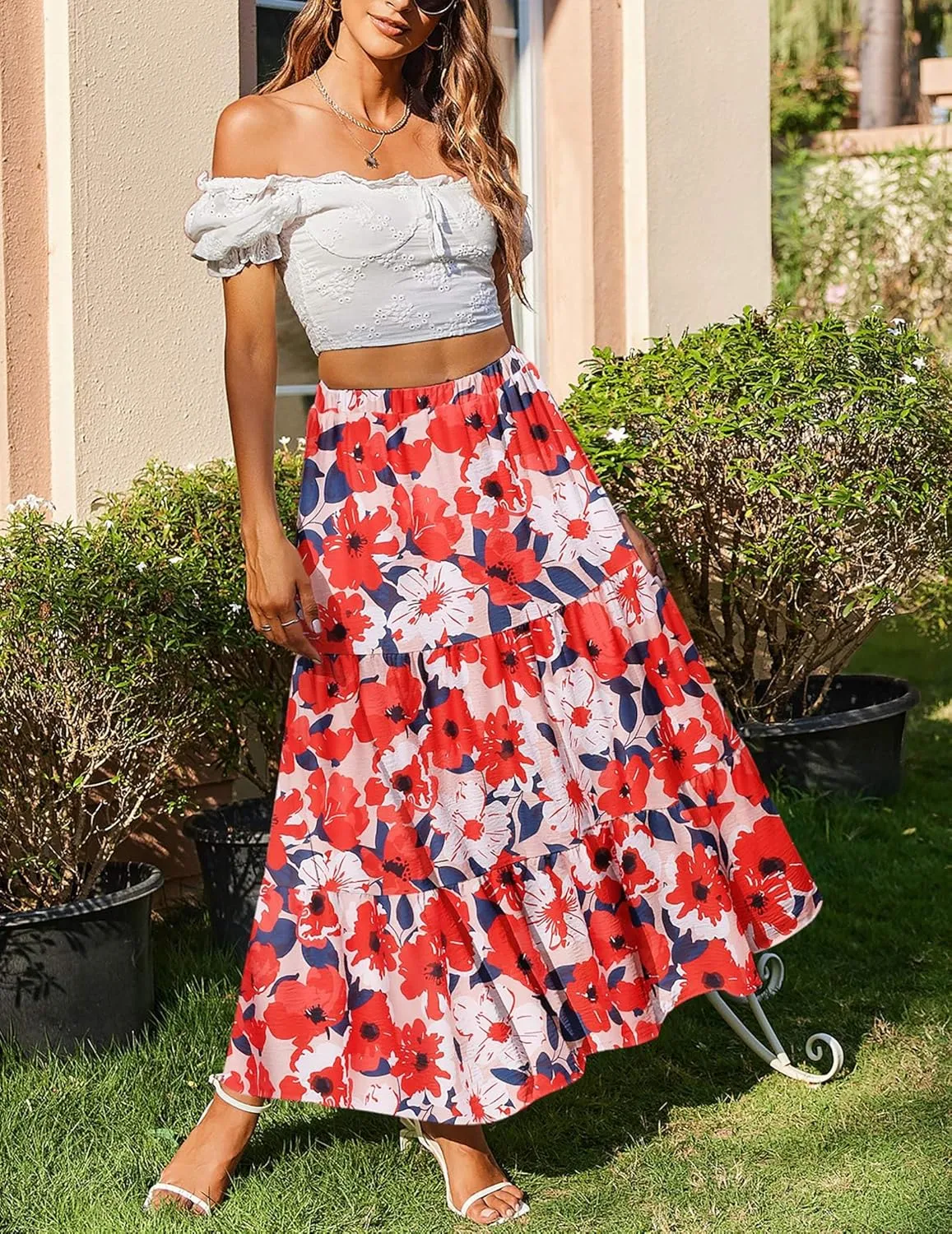 Zeagoo Skirts for Women Summer Boho Casual Maxi Flowy Elastic High Waist A-Line Tiered Swing Floral Long Skirts with Pockets